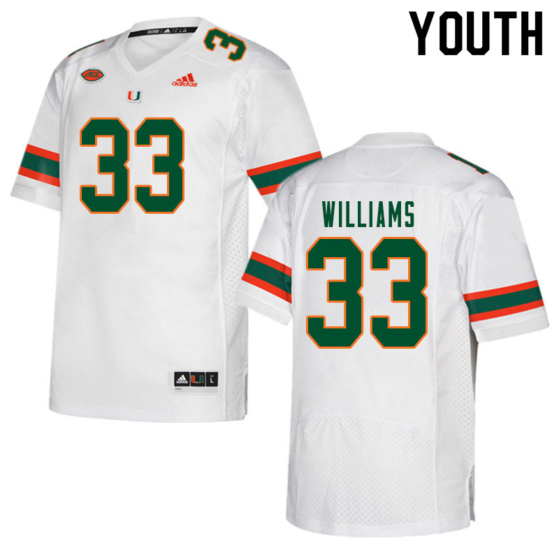 Youth #33 Chantz Williams Miami Hurricanes College Football Jerseys Sale-White - Click Image to Close